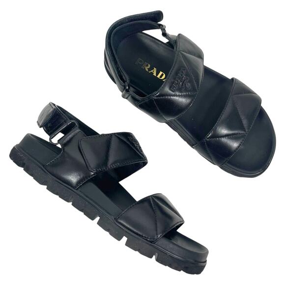 Prada Calzature Donna Logo 20mm Dad Sandal Black Nappa Leather Size 37 - Picture 1 of 15